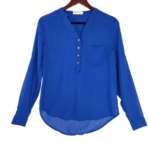 Royal Blue Sheer V-Neck Blouse with Silver Buttons Women's Blue Button-Up Blouse